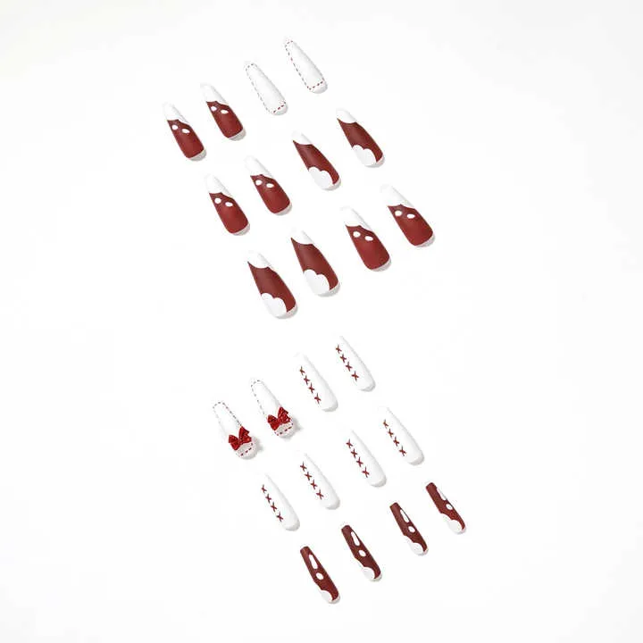 Abstract Red Marble Nails Press on Long-مسامير الرخام الأحمر