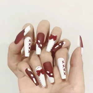 Abstract Red Marble Nails Press on Long-مسامير الرخام الأحمر