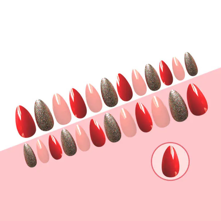 Abstract Red Marble Nails Press on Long-مسامير الرخام الأحمر