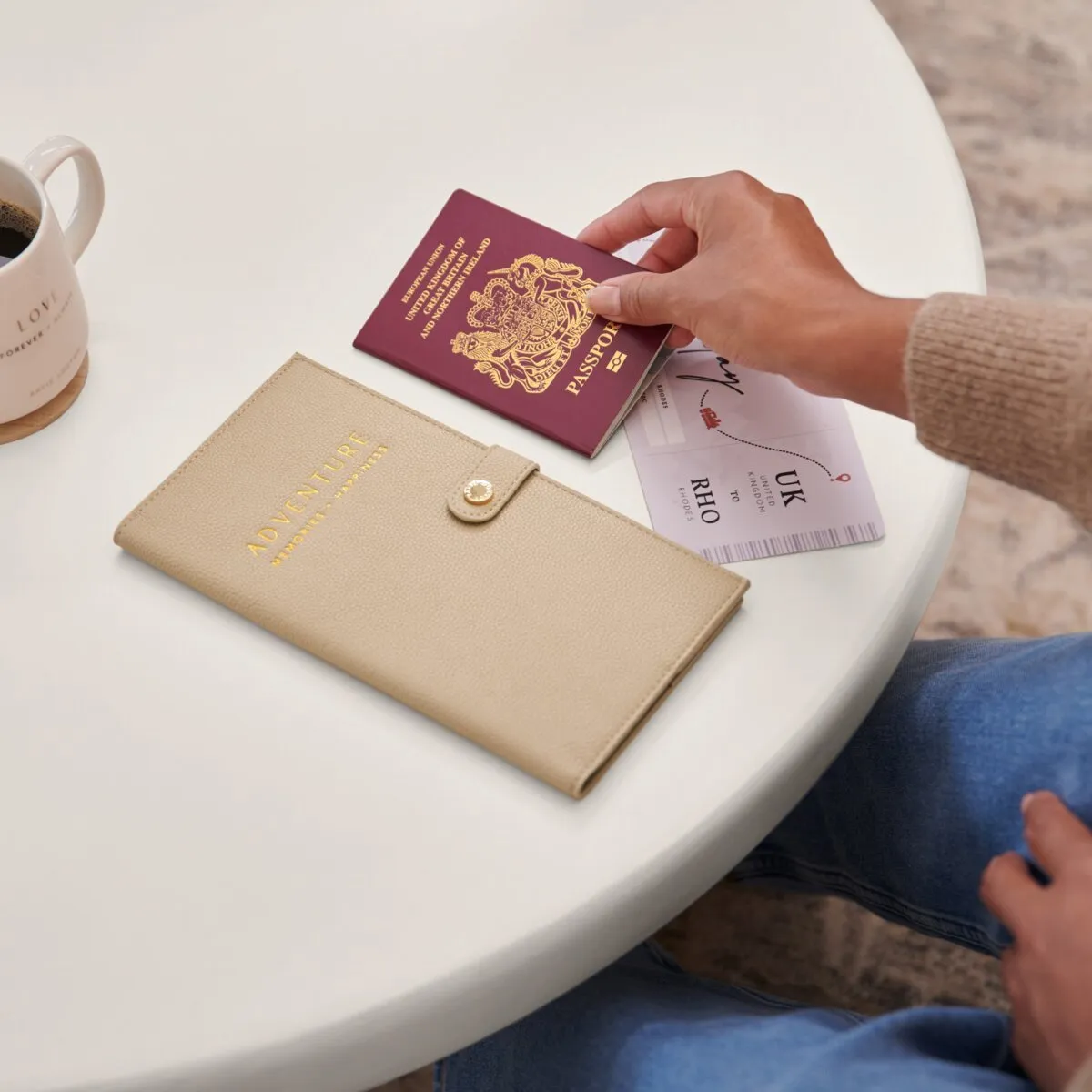 'Adventure, Memories, Happiness' Sentiment Travel Wallet | Light Taupe