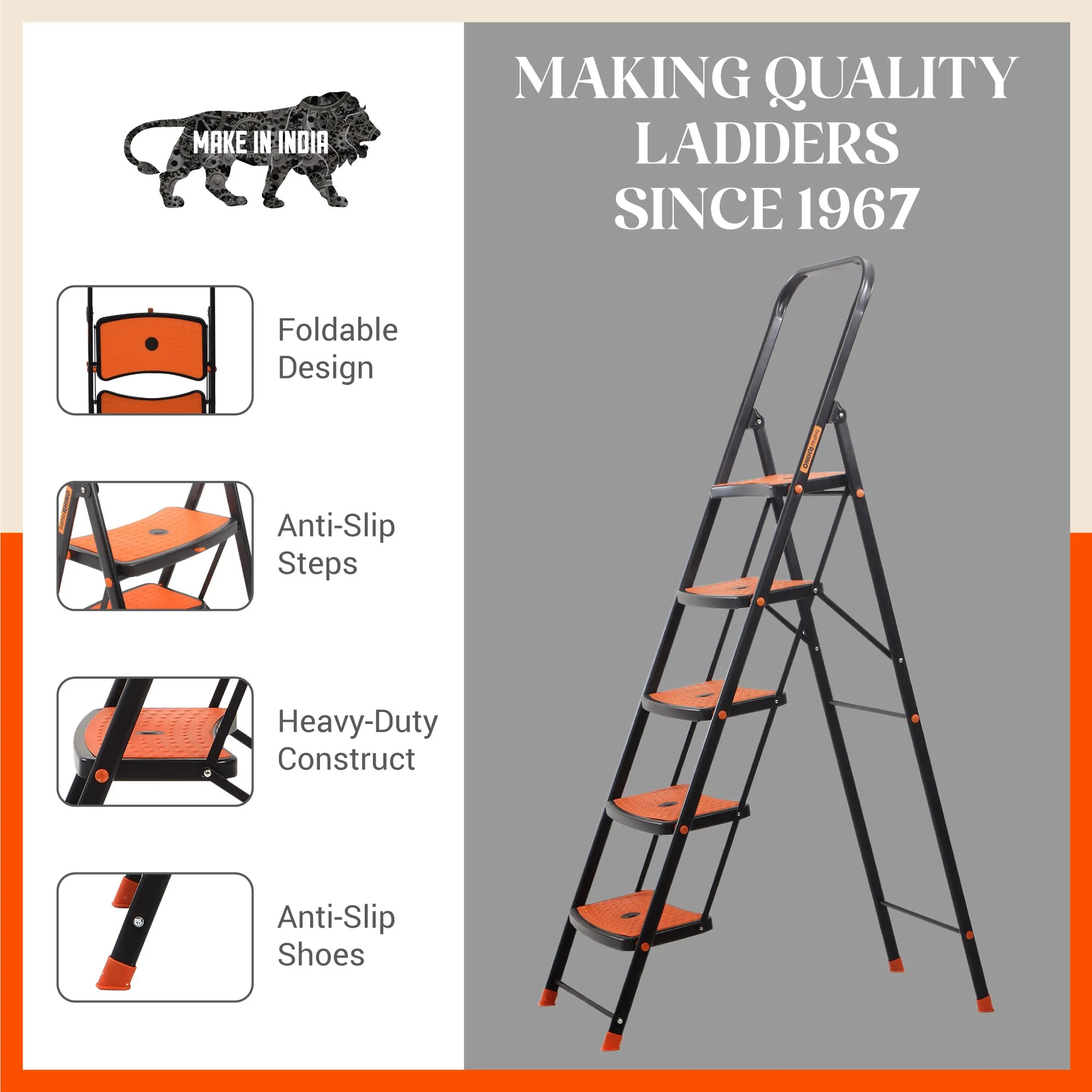 Bathla Boost Rhino 5 - Step Foldable Steel Ladder For Home (Black   Orange)