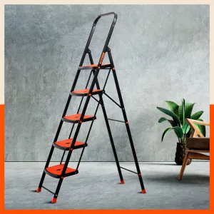 Bathla Boost Rhino 5 - Step Foldable Steel Ladder For Home (Black   Orange)