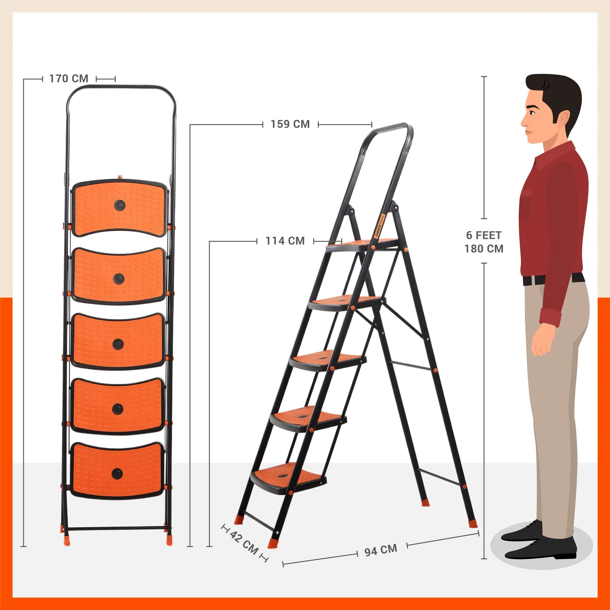Bathla Boost Rhino 5 - Step Foldable Steel Ladder For Home (Black   Orange)