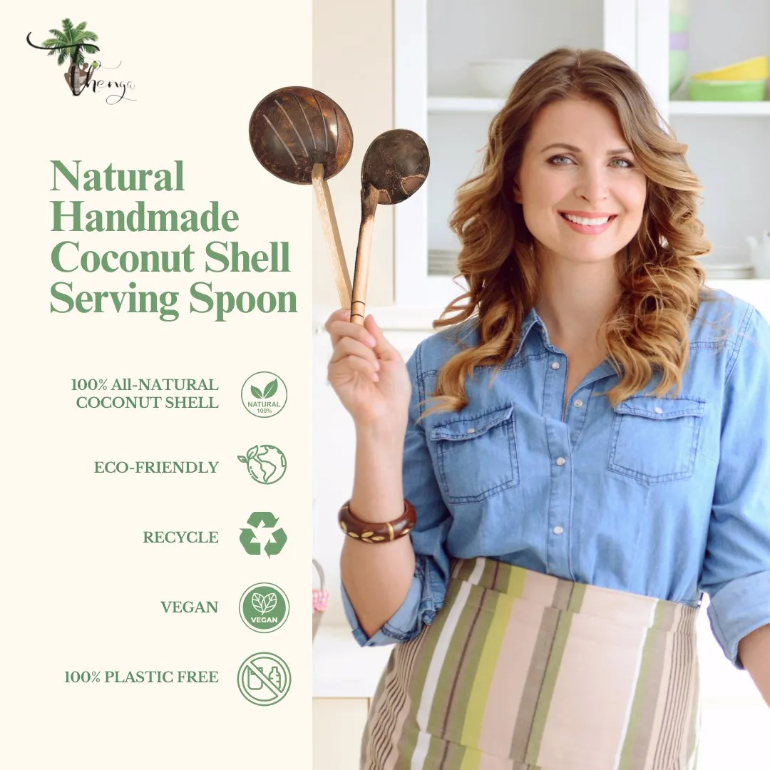 Coconut Shell Frying Spoon & Non Stick Wooden Ladles (Set of 2)