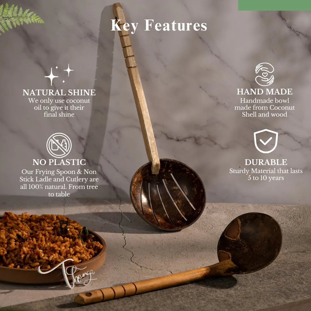 Coconut Shell Frying Spoon & Non Stick Wooden Ladles (Set of 2)