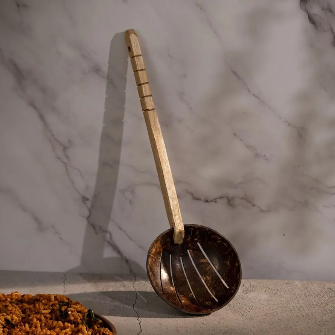 Coconut Shell Frying Spoon & Non Stick Wooden Ladles (Set of 2)