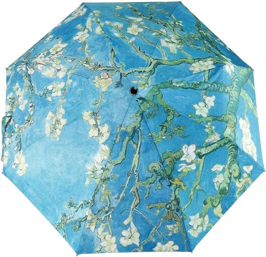 Creative Oil Painting Automatic Folding Umbrella, Anti UV Sun Protection Parasol Umbrella for Ladies (Almond Blossom)