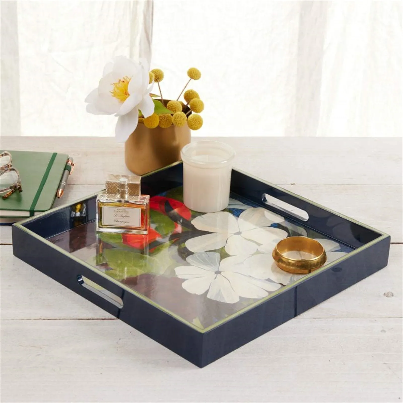 Flower Pine Tray - 15 Inch Square Floral Design