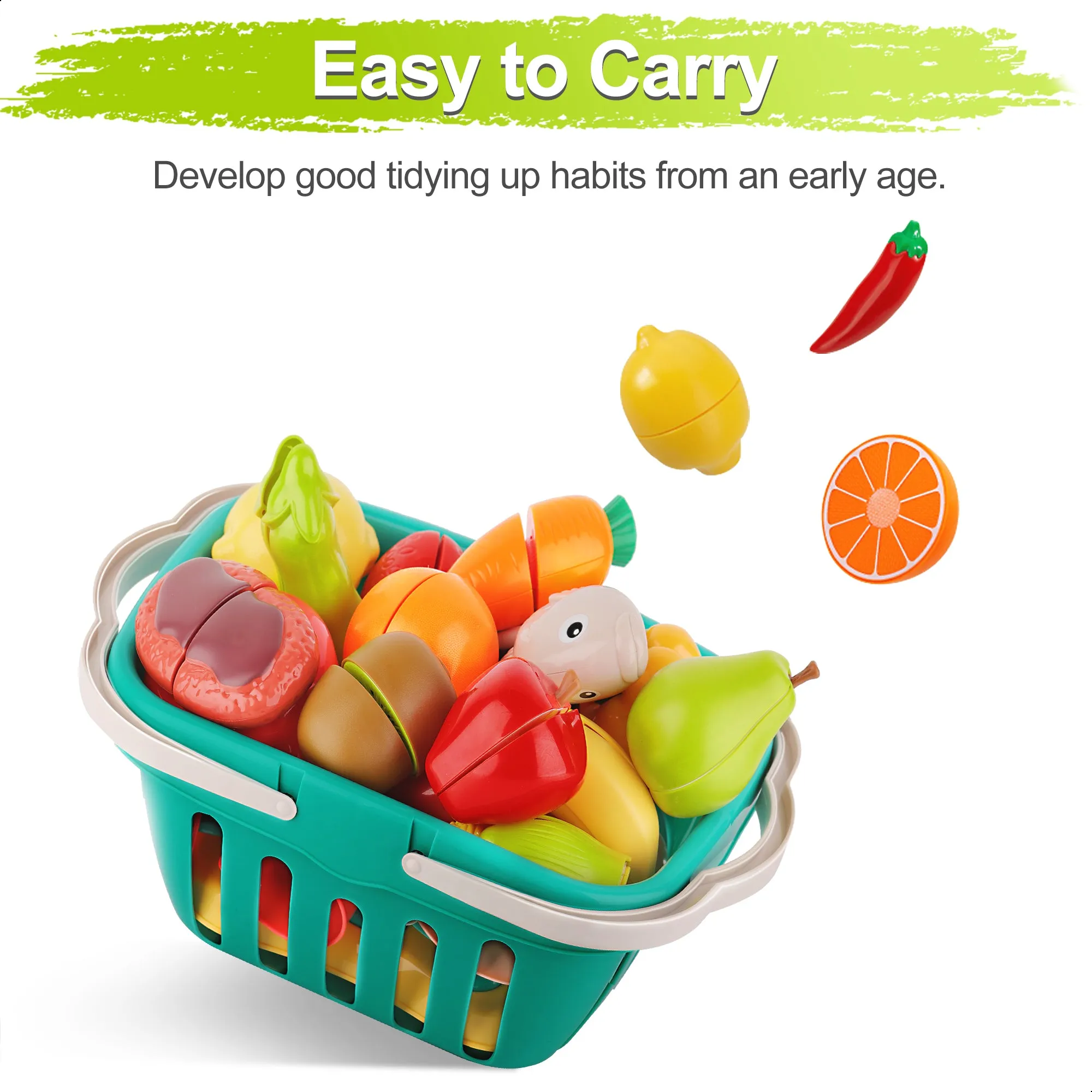 Kids Play Food Sets Pretend Cutting Cooking Food Toys with Basket