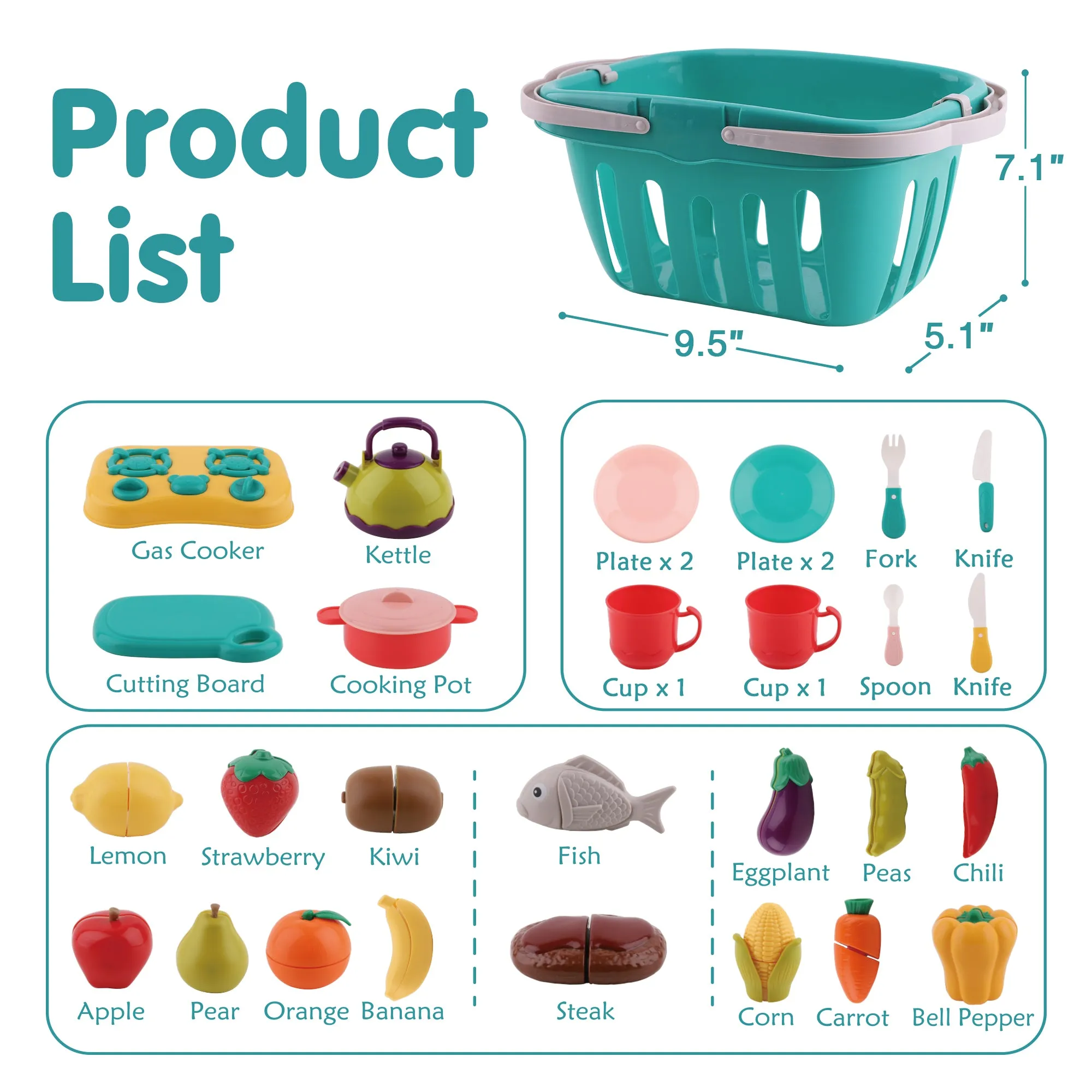 Kids Play Food Sets Pretend Cutting Cooking Food Toys with Basket