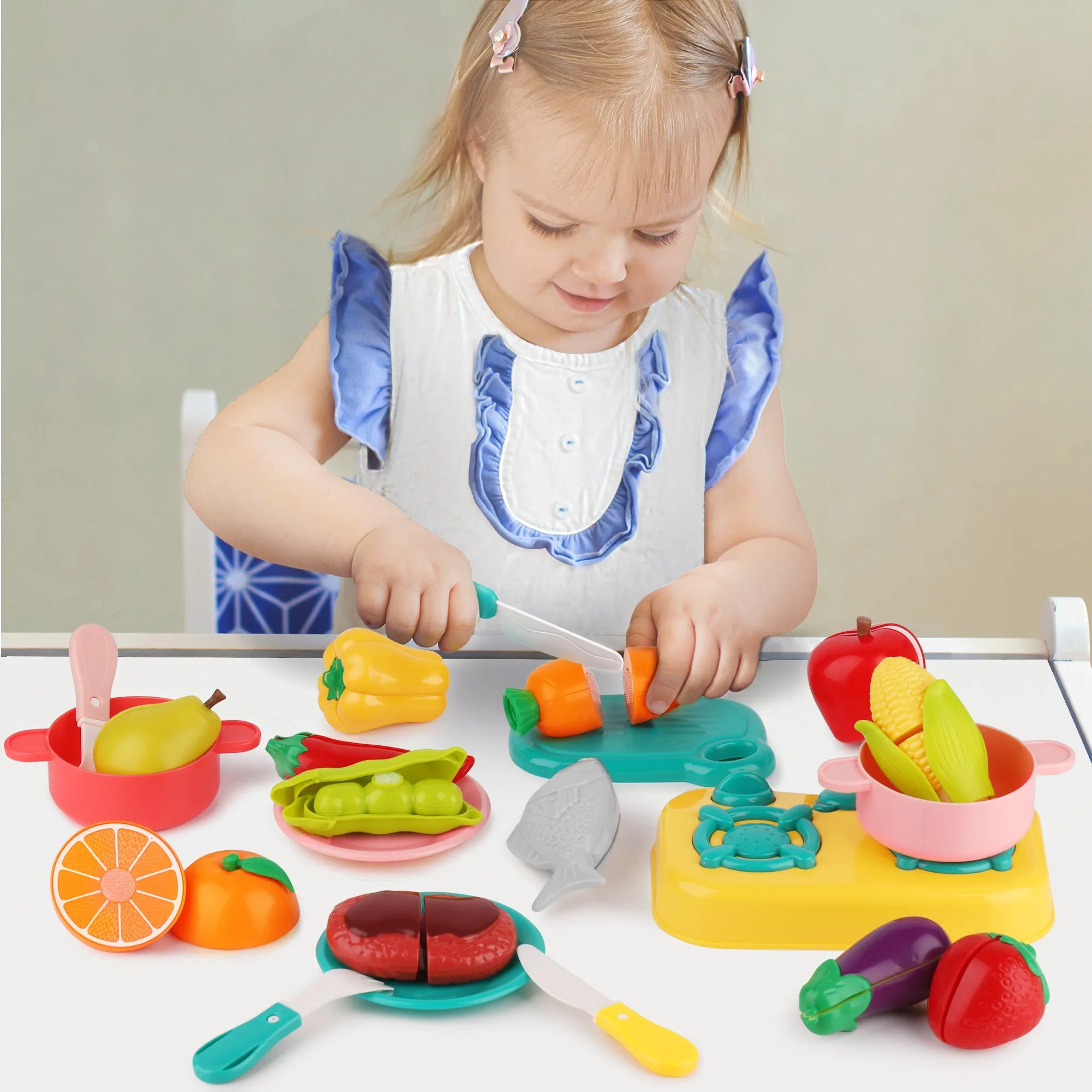 Kids Play Food Sets Pretend Cutting Cooking Food Toys with Basket