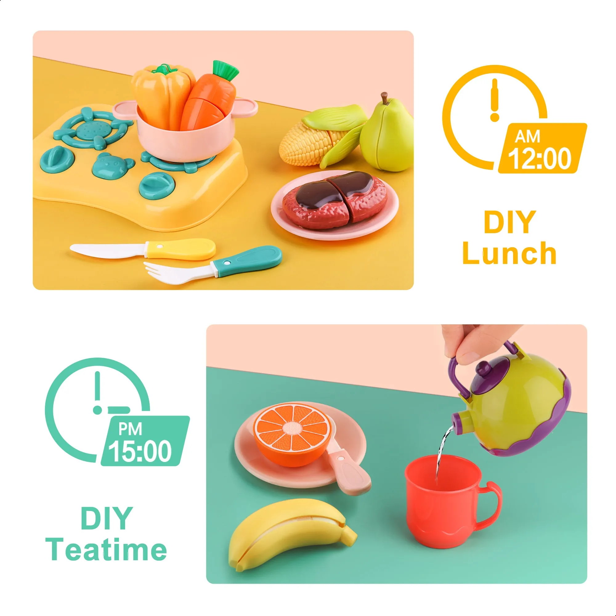 Kids Play Food Sets Pretend Cutting Cooking Food Toys with Basket