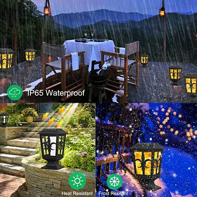 Solar Post Light, Flickering Flame Post Cap LED Lamp, Solar Powered 2 Modes Waterproof Lighting for Outdoor Deck Fence