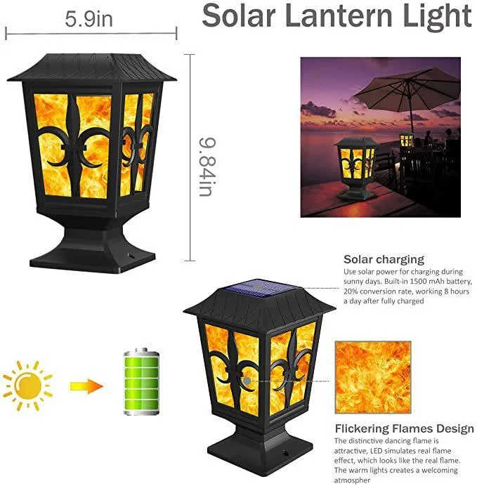 Solar Post Light, Flickering Flame Post Cap LED Lamp, Solar Powered 2 Modes Waterproof Lighting for Outdoor Deck Fence