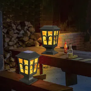 Solar Post Light, Flickering Flame Post Cap LED Lamp, Solar Powered 2 Modes Waterproof Lighting for Outdoor Deck Fence
