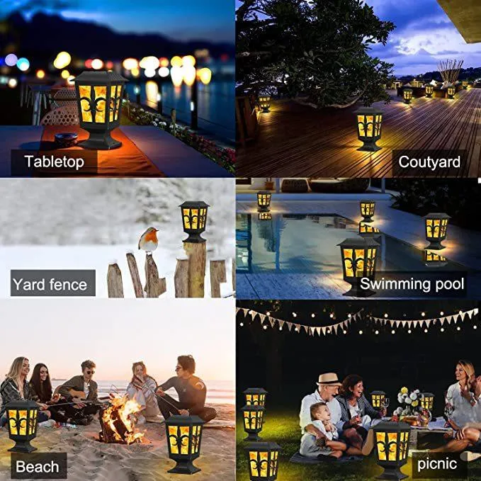 Solar Post Light, Flickering Flame Post Cap LED Lamp, Solar Powered 2 Modes Waterproof Lighting for Outdoor Deck Fence